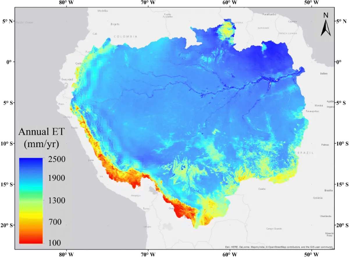 Map of mean annual evapotranspiration across the Amazon basin from 2003 to 2013